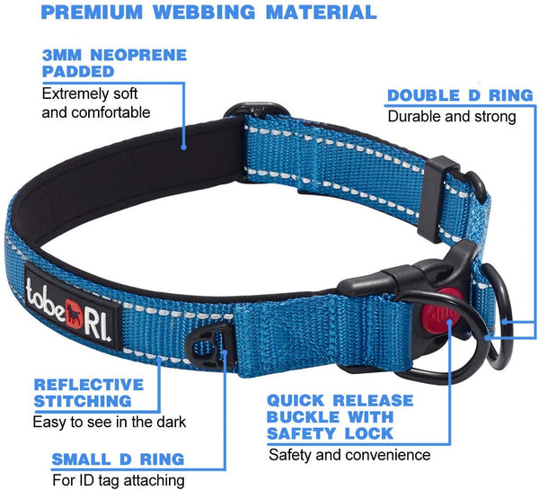 tobeDRI Comfortable Dog Collar Padded with Soft Neoprene Reflective and Adjustable Dog Collars for Large Medium Small Dogs (2 Pack)