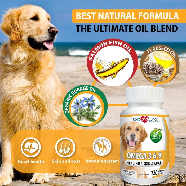 Vita Pet Life Omega 3 for Dogs, Fish Oil, Flaxseed Oil, Antioxidant, DHA EPA Fatty Acids, Brain Health, Shiny Coat, Itchy Skin Relief, Dry Skin, Immune System Support, Anti Inflammatory, 100% Natural