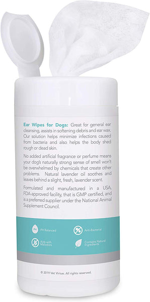 VET-VIRTUE Dog Ear Cleaner Wipes - Fragrance Free Ear Infection Treatment for Dogs, Halt Yeast, Mites and Itching, Large Soft Cotton Ear Wipes for Dogs