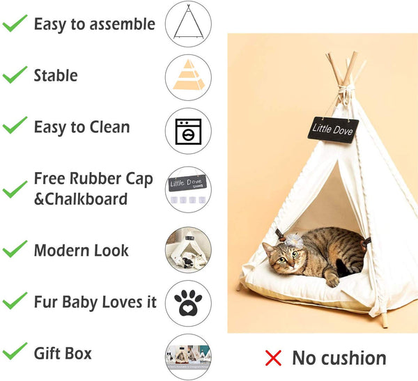 little dove Pet Teepee Dog(Puppy) & Cat Bed - Portable Pet Tents & Houses for Dog(Puppy) & Cat Beige Color 24 Inch (with or Without Optional Cushion)