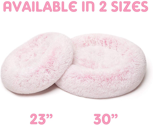 Friends Forever Donut Cat Bed, Faux Fur Dog Beds for Medium Small Dogs - Self Warming Indoor Round Pillow Cuddler Pink & Tan