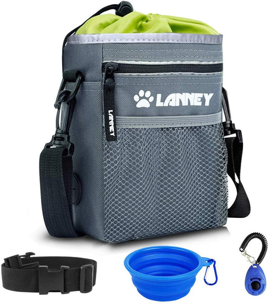 LANNEY Dog Treat Pouch Pet Training Bag for Small to Large Dogs, Treat Tote Carry Kibble Snacks Toys for Training Reward Walking, Metal Clip, Waist Belt, Shoulder Strap, Poop Bag Dispenser