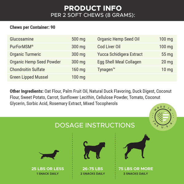 PetHonesty Hemp Hip & Joint Supplement for Dogs w\/Hemp Oil + Hemp Powder - Glucosamine Chondroitin for Dogs w\/Turmeric, MSM, Green Lipped Mussel, Dog Treats Improve Mobility, Reduces Discomfort