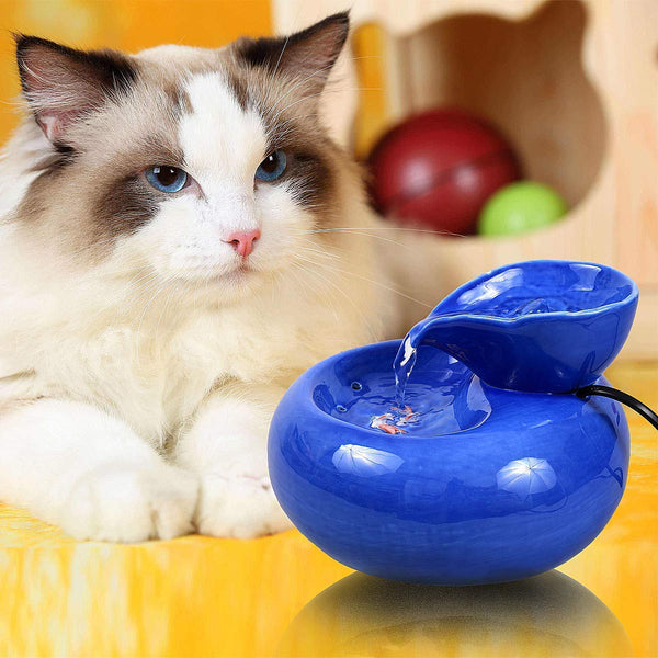 ROSE CREATE Ceramic Cat Drinking Water Fountain, 1.3 Liters Electric Pet Water Fountains for Cats and Dogs, Pet Water Dispenser with Quiet Pump and 5 Replacement Filters - Blue Leaf Style