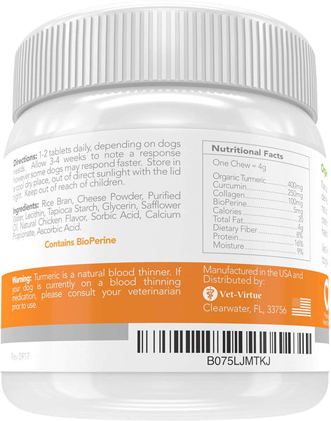 VET-VIRTUE Turmeric for Dogs- Organic Turmeric with Curcumin, Dog Joint Supplement Soft Chew, Collagen and Bioprene, High Absorption Eliminates Joint Pain Inflammation