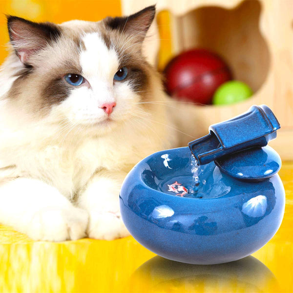 ROSE CREATE Ceramic Cat Drinking Water Fountain, 1.4 Liters Pet Water Fountains for Cats and Dogs, Electric Pet Water Dispenser with Quiet Pump and 5 Replacement Filters - Blue Bamboo Style