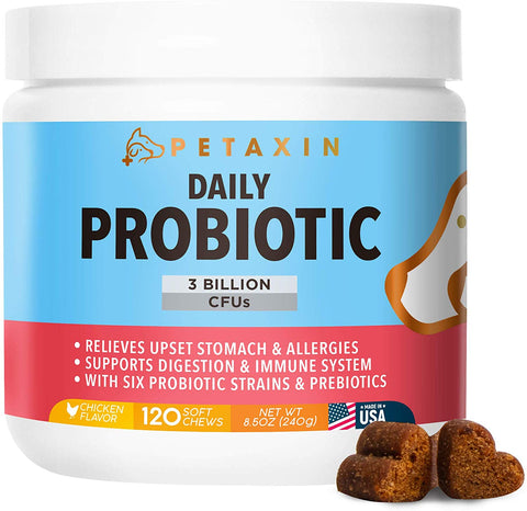 Petaxin Probiotics for Dogs - 6 Strains with Prebiotics - Supports Digestive and Immune System – Relief for Diarrhea, Bad Breath, Allergies, Gas, Constipation, Hot Spots - Made in USA - 120 Chews