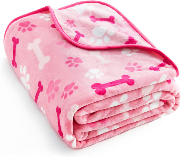 ALLISANDRO 350 GSM-Super Soft and Premium Fuzzy Flannel Fleece Pet Dog Blanket, The Cute Paw and Bone Design Washable Fluffy Blanket for Puppy Cat Kitten Indoor or Outdoor, Pink and Blue