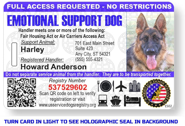 Just 4 Paws Custom Holographic QR Code Emotional Support Dog ID Card with Registration to Service Dogs Registry with Strap - Landscape Style