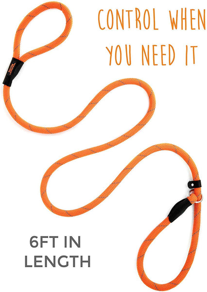 Mighty Paw Slip Rope Dog Leash | 6 ft, One-Size-Fits-All, Slip-On Rope Leash. Easy to Slip On, No Collar or Harness Needed. Durable & Weather Resistant Climbers Rope with Reflective Stitching (Orange)