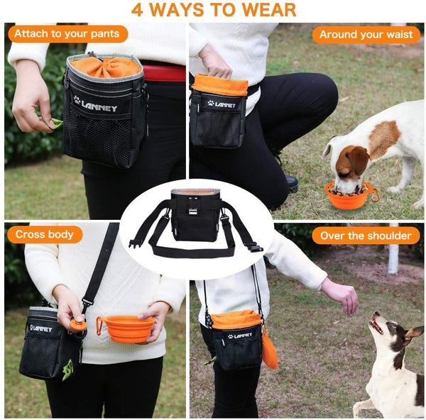 LANNEY Dog Treat Pouch Pet Training Bag for Small to Large Dogs, Treat Tote Carry Kibble Snacks Toys for Training Reward Walking, Metal Clip, Waist Belt, Shoulder Strap, Poop Bag Dispenser