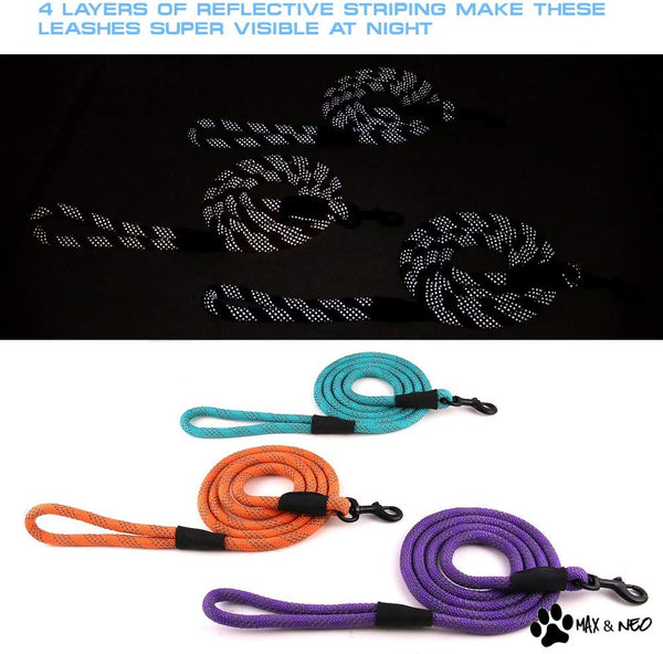 Max and Neo Rope Leash Reflective 6 Foot - We Donate a Leash to a Dog Rescue for Every Leash Sold