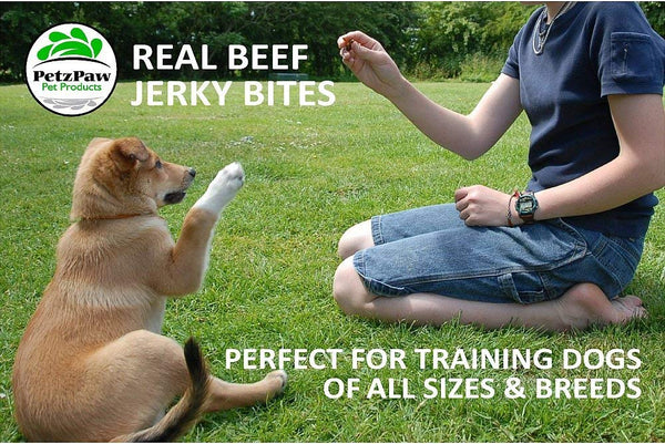 PetzPaw All Natural Dog Treats – Healthy Jerky Bites for Your Pet – Made in The USA - Grain, Wheat, Soy, Gluten Free - Beef 16oz, Chicken 8oz or Turkey 8oz - Perfect for Dog Training