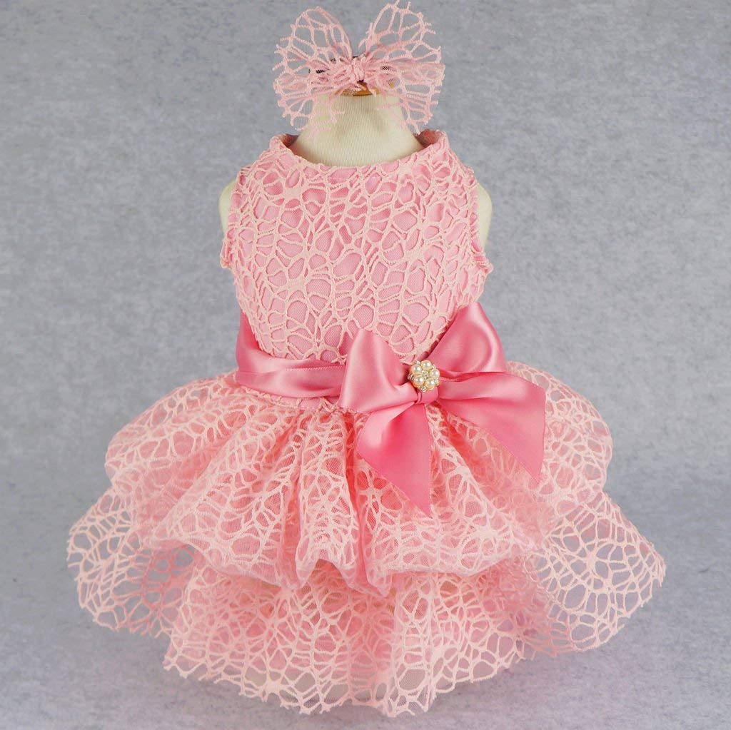 Fitwarm Luxury Pink Lace Dog Tutu Dress Pet Wedding Clothes Shirts + Matching Hair Clip, Pink