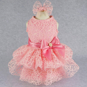 Fitwarm Luxury Pink Lace Dog Tutu Dress Pet Wedding Clothes Shirts + Matching Hair Clip, Pink