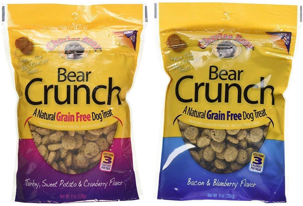 Charlee Bear Grain Free Bear Crunch Dog Treats 2 Flavor Variety Bundle: 1 Bacon & Blueberry Flavor and 1 Turkey, Sweet Potato & Cranberry Flavor, 8 Ounces Each