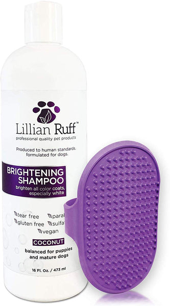 Lillian Ruff Brightening & Whitening Shampoo for Dogs – Safe for Cats - Tear Free Coconut Scent with Aloe for Normal, Dry & Sensitive Skin – Adds Shine & Luster to Coats