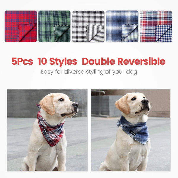 IOKHEIRA Plaid Dog Bandana 5pcs Double Reversible Scarf Buffalo Plaid for Puppy Large Small Medium Fall Dogs Bandanas Printing Scarves Dogs Accessories Square Kerchief