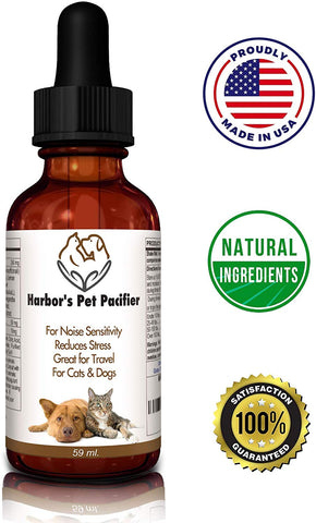 Harbor's Pet Pacifier Naturally Calms Dogs & Cats 59ml. Reduces Stress, Noise Sensitivity, Great for Travel. Easy to Use Beef Flavor Liquid. Herbal L-Theanine, GABA, Valerian, Chamomile, Ashwaghanda