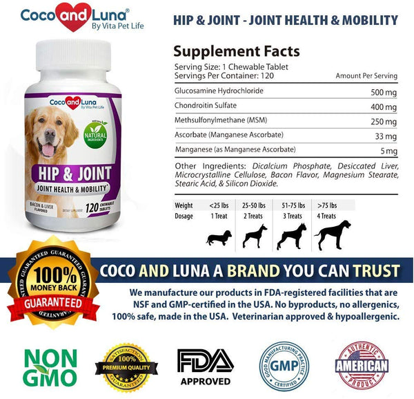 Glucosamine for Dogs, Hip and Joint Support for Dogs, MSM, Chondroitin, Pain Relief from Arthritis, Joint Inflammation and Dysplasia, for Healthy Cartilage and Mobility, 120 Natural Chew-able Tablets