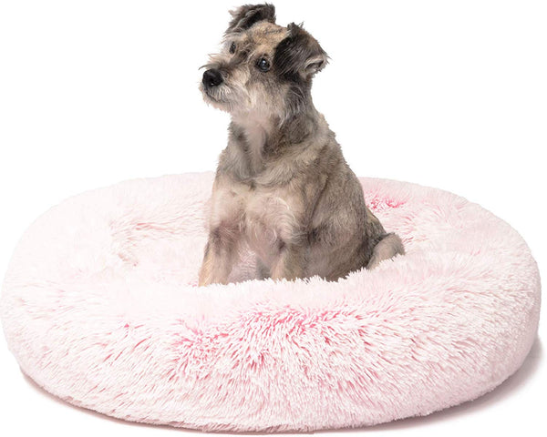 Friends Forever Donut Cat Bed, Faux Fur Dog Beds for Medium Small Dogs - Self Warming Indoor Round Pillow Cuddler Pink & Tan