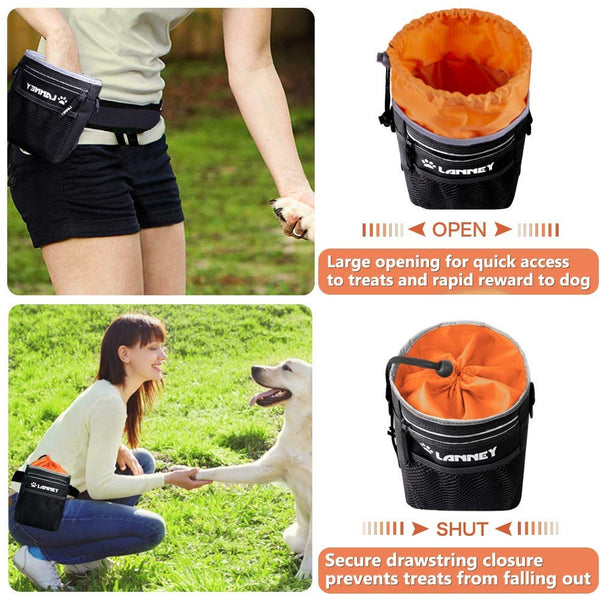 LANNEY Dog Treat Pouch Pet Training Bag for Small to Large Dogs, Treat Tote Carry Kibble Snacks Toys for Training Reward Walking, Metal Clip, Waist Belt, Shoulder Strap, Poop Bag Dispenser