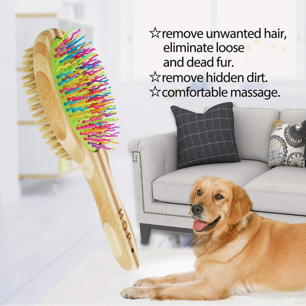 HOP Home of Paws Dog Brush for Grooming & Massaging Dogs, Cats & Other Animals – Fur Detangling Pins & Coat Smoothing Slicker Bristles, Natural Bamboo