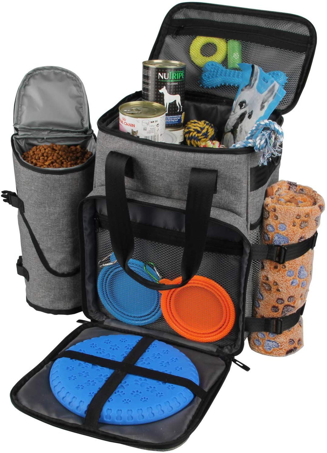 Hilike Premium Pet Travel Bag for Dog & Cat-Week Away Tote Organizer Bag for Dogs Travel-Includes 1 Dog Tote Bag,1 Dog Food Carrier Bag, 2 Silicone Collapsible Bowls,1 Blanket,1 Frisbee(Grey)