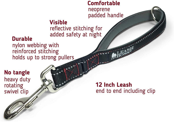 Leashboss Short Dog Leash with Padded Handle - 12, 18 and 24 Inch Reflective Leads with O-Ring - 1 Inch Wide Nylon for Training Medium and Large Dogs