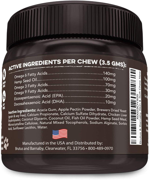 BRUTUS & BARNABY Omega 3 Fish Oil for Dogs - Easy to Deliver Skin and Coat Soft Chew, Coconut Oil, EPA,DHA ; Dog Skin Allergy Treatment for Itch-Free Skin, Increases Shiny Coat, Vitamin C & E