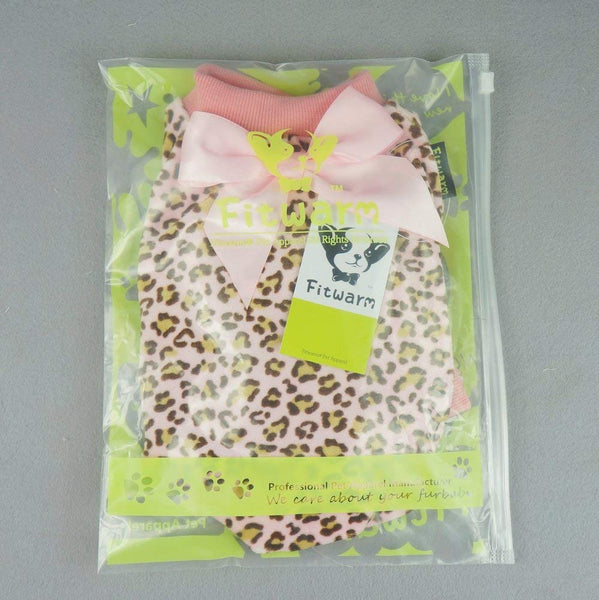 Fitwarm Leopard Print Velvet Pet Dog Jumpsuit with Ribbon