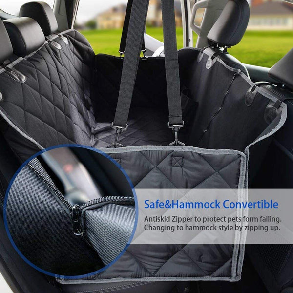 Dog Seat Covers, 600D Waterproof Pet Car Seat Covers with 2 Dog Seat Belts & Zipper & Pocket - Nonslip Back Seat Cover Cat Dog Hammock Convertible Extra Side Flaps Best for Cars Trucks Suvs