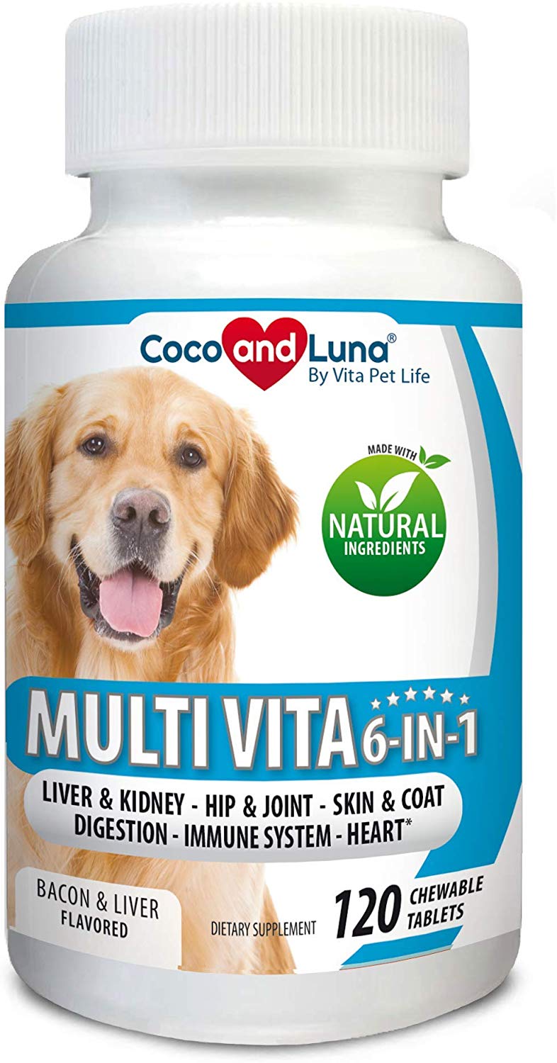 Multivitamin for Dogs, Milk Thistle for Liver and Kidney, Glucosamine, MSM, Chondroitin, Omega 3, Biotin, Probiotics, Enzymes, Coq 10, Vitamins A, C and E. 120 Natural Chew-able Tablets.