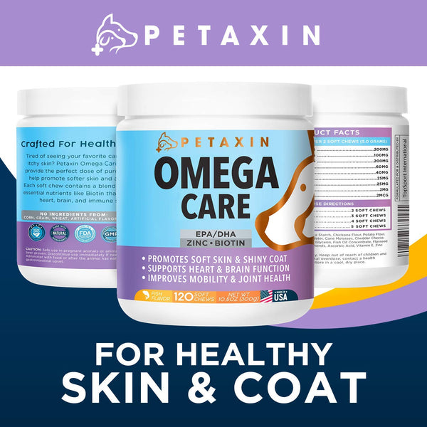 Petaxin Omega 3 Fish Oil for Dogs Chew - with EPA, DHA, and Biotin - Supports Healthy Skin, Shiny Coat, Hips & Joints, Heart Health, and Brain Function - Skin and Coat Supplement - Non-GMO - 120 Ct.