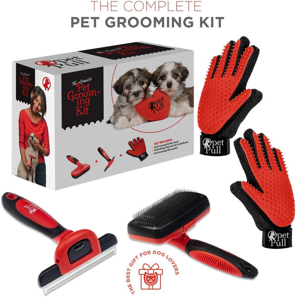 Complete Professional Pet Grooming Kit | Self Cleaning Slicker Brush for Dogs & Cats | Pro Grooming Brush Effectively Reduces Shedding Fur | Pet Hair Remover Brush Gloves | Combo Gift Set