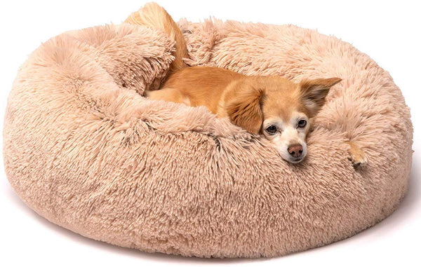 Friends Forever Donut Cat Bed, Faux Fur Dog Beds for Medium Small Dogs - Self Warming Indoor Round Pillow Cuddler Pink & Tan