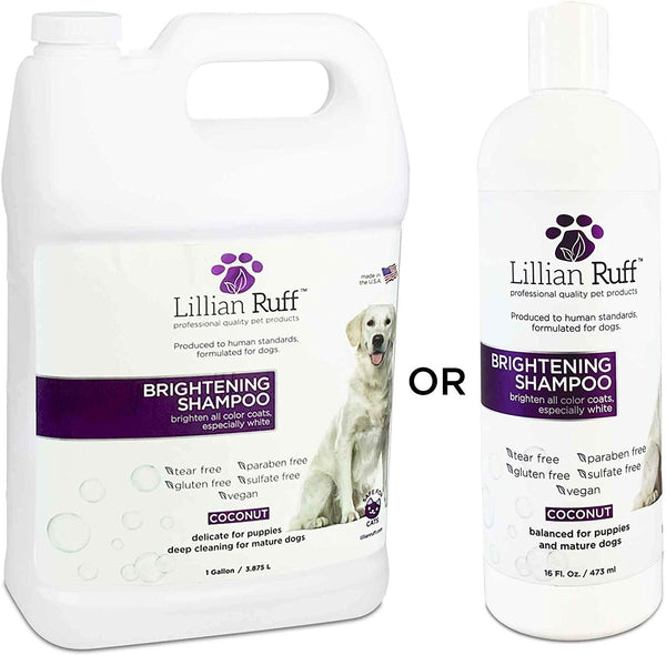 Lillian Ruff Brightening & Whitening Shampoo for Dogs – Safe for Cats - Tear Free Coconut Scent with Aloe for Normal, Dry & Sensitive Skin – Adds Shine & Luster to Coats