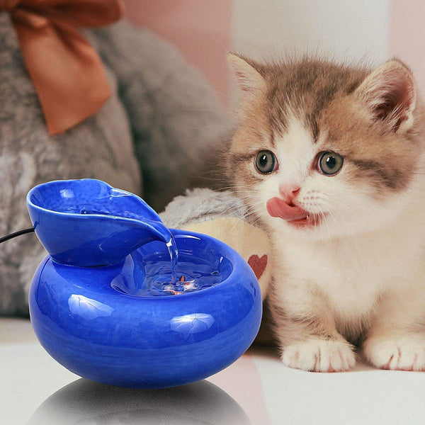 ROSE CREATE Ceramic Cat Drinking Water Fountain, 1.3 Liters Electric Pet Water Fountains for Cats and Dogs, Pet Water Dispenser with Quiet Pump and 5 Replacement Filters - Blue Leaf Style