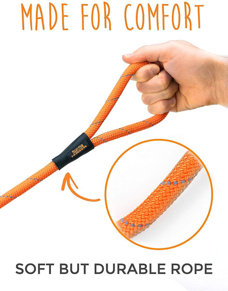 Mighty Paw Slip Rope Dog Leash | 6 ft, One-Size-Fits-All, Slip-On Rope Leash. Easy to Slip On, No Collar or Harness Needed. Durable & Weather Resistant Climbers Rope with Reflective Stitching (Orange)