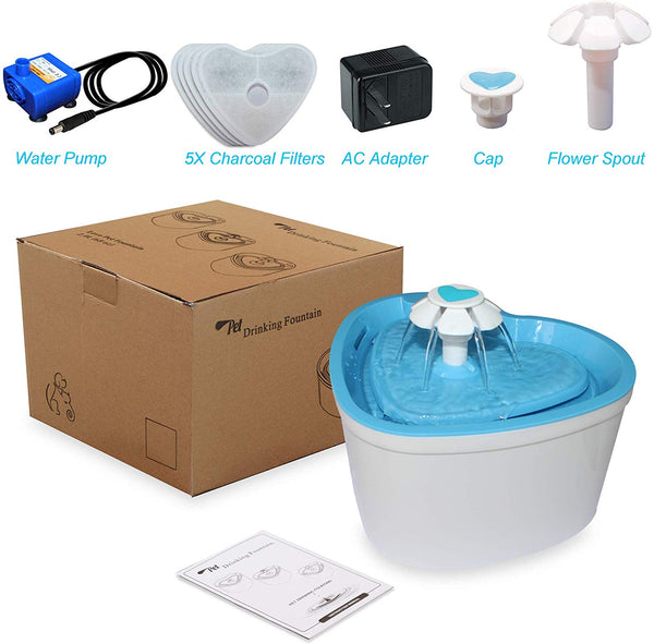 LOVSHARE Pet Water Fountain- Healthy and Hygienic Drinking Fountain 2L Super Quiet Flower Automatic Electric Water Bowl with 4 Replacement Filters for Dogs, Cats, Birds and Small Animals
