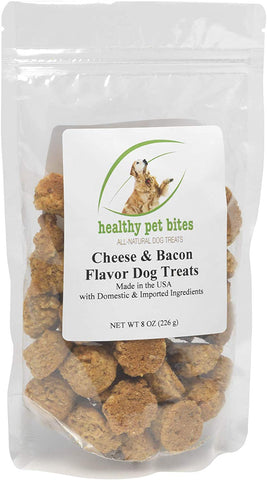 Healthy Pet Bites Cheese & Bacon Flavor Treats •All Natural •NO PRESERVATIVES •Wheat, Corn and Soy Free •Made in The U.S.A