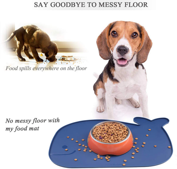 VIVAGLORY Pet Food Mat with Raised Edge, Large (23.6" x 15.7") or Small (18.9" x 11.8") Waterproof Food Grade Silicone Feeding mat for Kitty Puppy Cat Dog