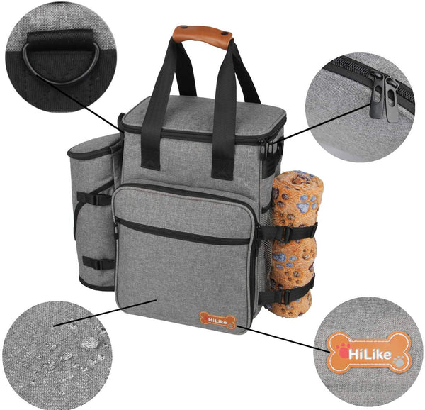 Hilike Premium Pet Travel Bag for Dog & Cat-Week Away Tote Organizer Bag for Dogs Travel-Includes 1 Dog Tote Bag,1 Dog Food Carrier Bag, 2 Silicone Collapsible Bowls,1 Blanket,1 Frisbee(Grey)