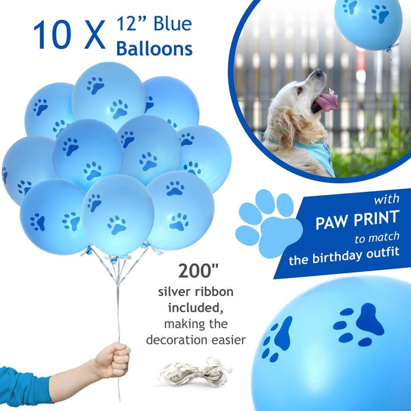 ZOOniq Dog Birthday Boy Bandana with Paw Print Party Cone Hat and 10 Balloons - Great Dog Birthday Outfit and Decoration Set - Perfect Dog or Puppy Birthday Gift