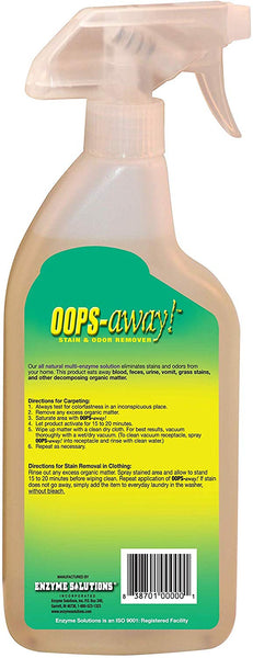 ENZYME MAGIC Oops Away Stain & Odor Remover; Natural Multi-Enzyme Solution Eliminates Pet's Blood, Feces, Urine, Vomit, Grass & Organic Strains from Home; Safe for Carpets and Fabrics (24oz x 2-Pack)