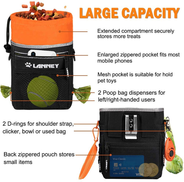 LANNEY Dog Treat Pouch Pet Training Bag for Small to Large Dogs, Treat Tote Carry Kibble Snacks Toys for Training Reward Walking, Metal Clip, Waist Belt, Shoulder Strap, Poop Bag Dispenser