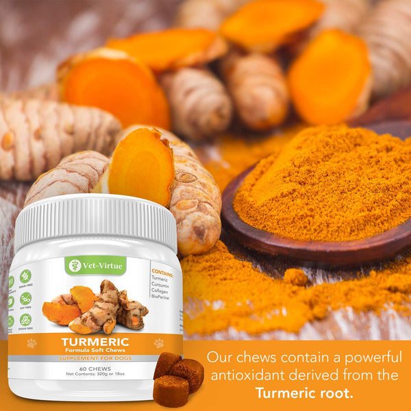 VET-VIRTUE Turmeric for Dogs- Organic Turmeric with Curcumin, Dog Joint Supplement Soft Chew, Collagen and Bioprene, High Absorption Eliminates Joint Pain Inflammation