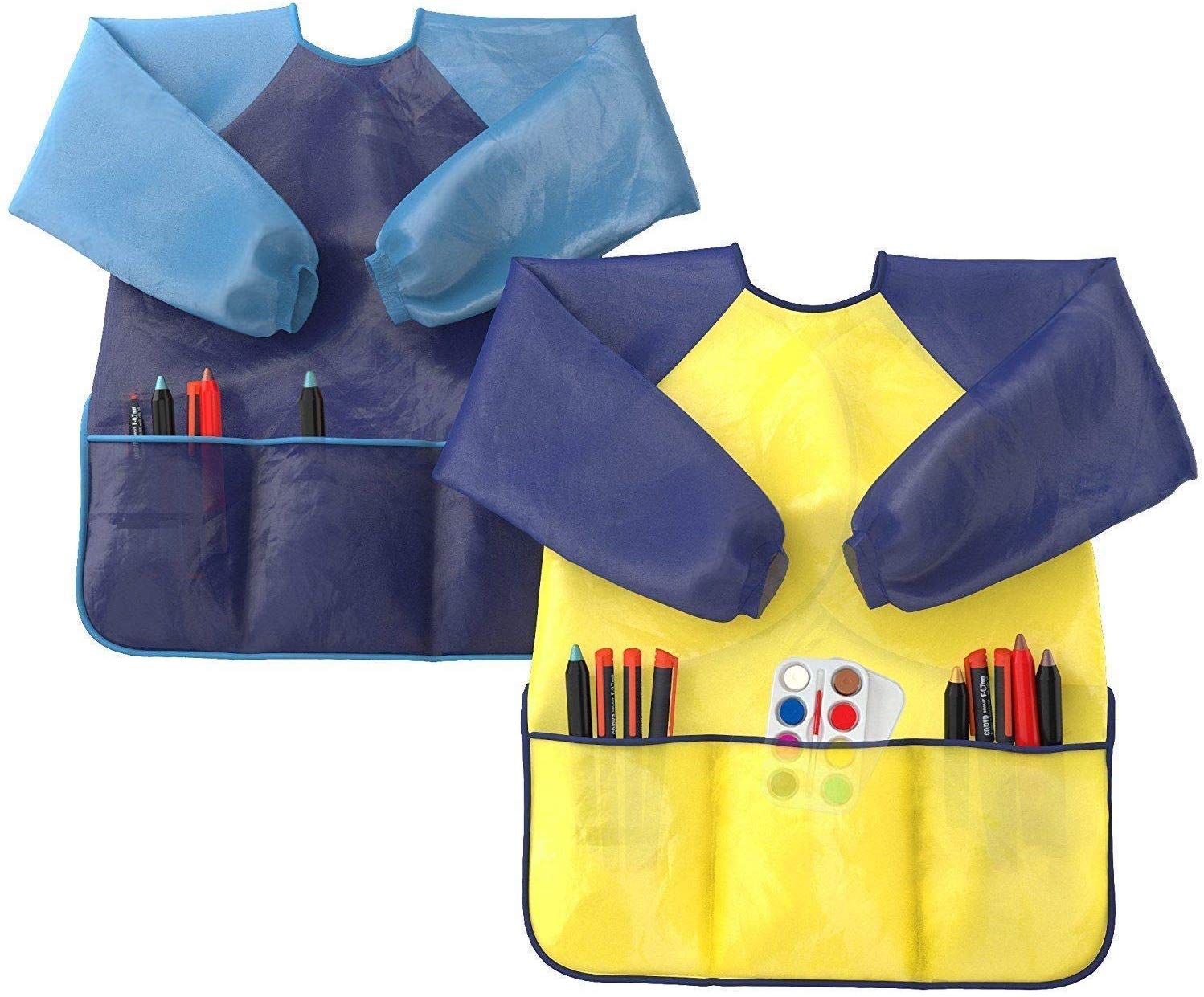 Kids Art Smocks Pack of 2 - Children Artist Painting Aprons Waterproof and Long Sleeve with 3 Roomy Pockets for Boys and Girls Age 2-6 Years Old