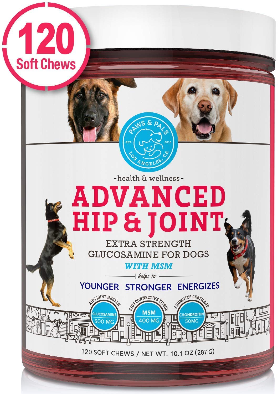 Paws & Pals Glucosamine Supplement for Dogs: Hip & Joint Health Supplements with Chondroitin & MSM for Pain Relief & Senior Dog\/Cat Arthritis Support - Chewable Pet Multi Vitamin