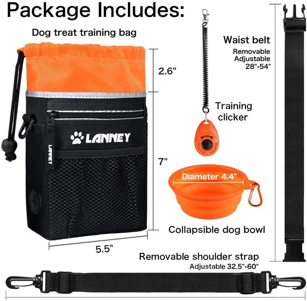 LANNEY Dog Treat Pouch Pet Training Bag for Small to Large Dogs, Treat Tote Carry Kibble Snacks Toys for Training Reward Walking, Metal Clip, Waist Belt, Shoulder Strap, Poop Bag Dispenser